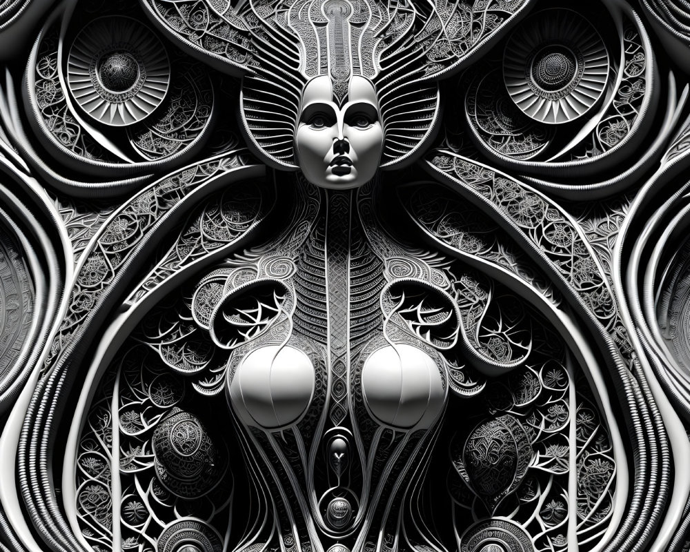 Monochromatic fractal image of symmetrical female figure with intricate mechanical and organic patterns