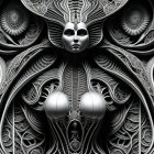 Monochromatic fractal image of symmetrical female figure with intricate mechanical and organic patterns