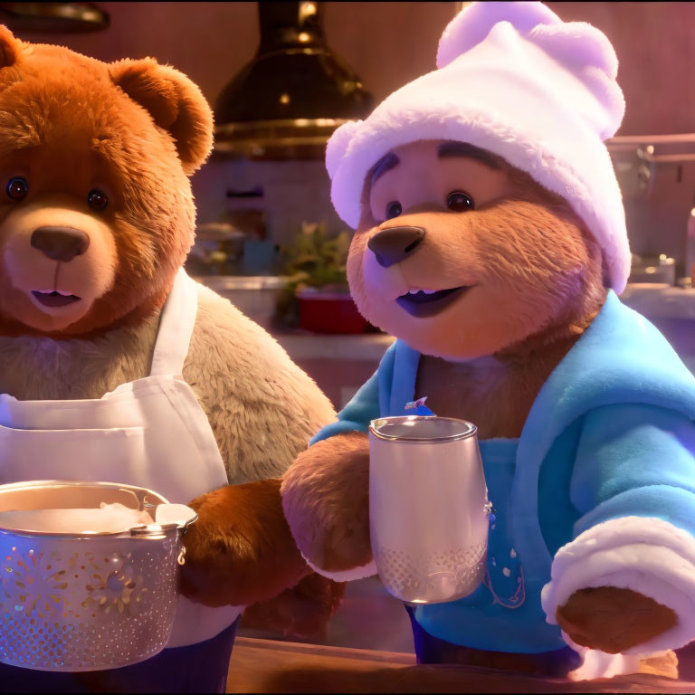 Two animated bears in cozy kitchen setting with cup and pot, dressed warmly