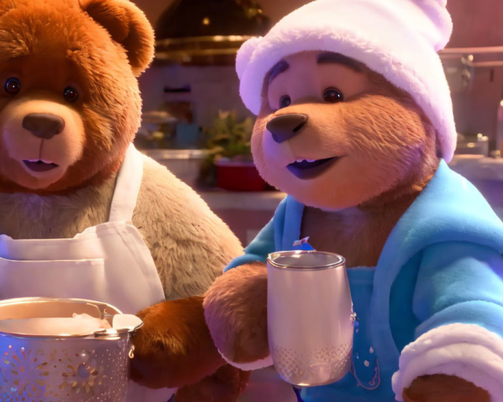 Two animated bears in cozy kitchen setting with cup and pot, dressed warmly
