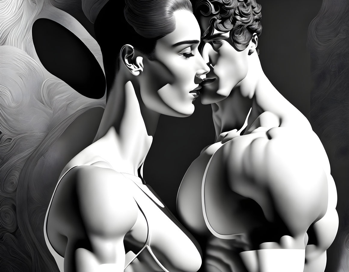 Monochrome digital artwork of stylized couple in close pose