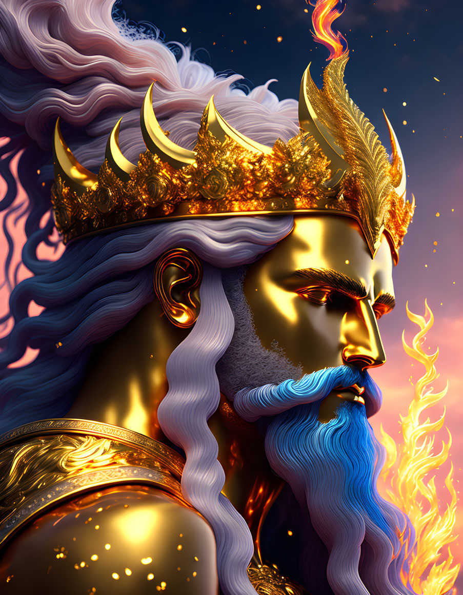 Illustrated majestic figure in golden armor with blue beard and flame, surrounded by stars