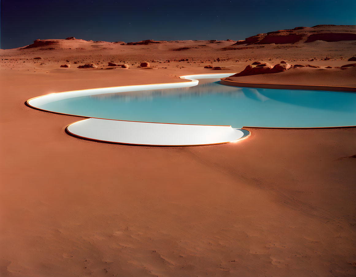 Desert landscape with serpentine oasis pools under an amber sky