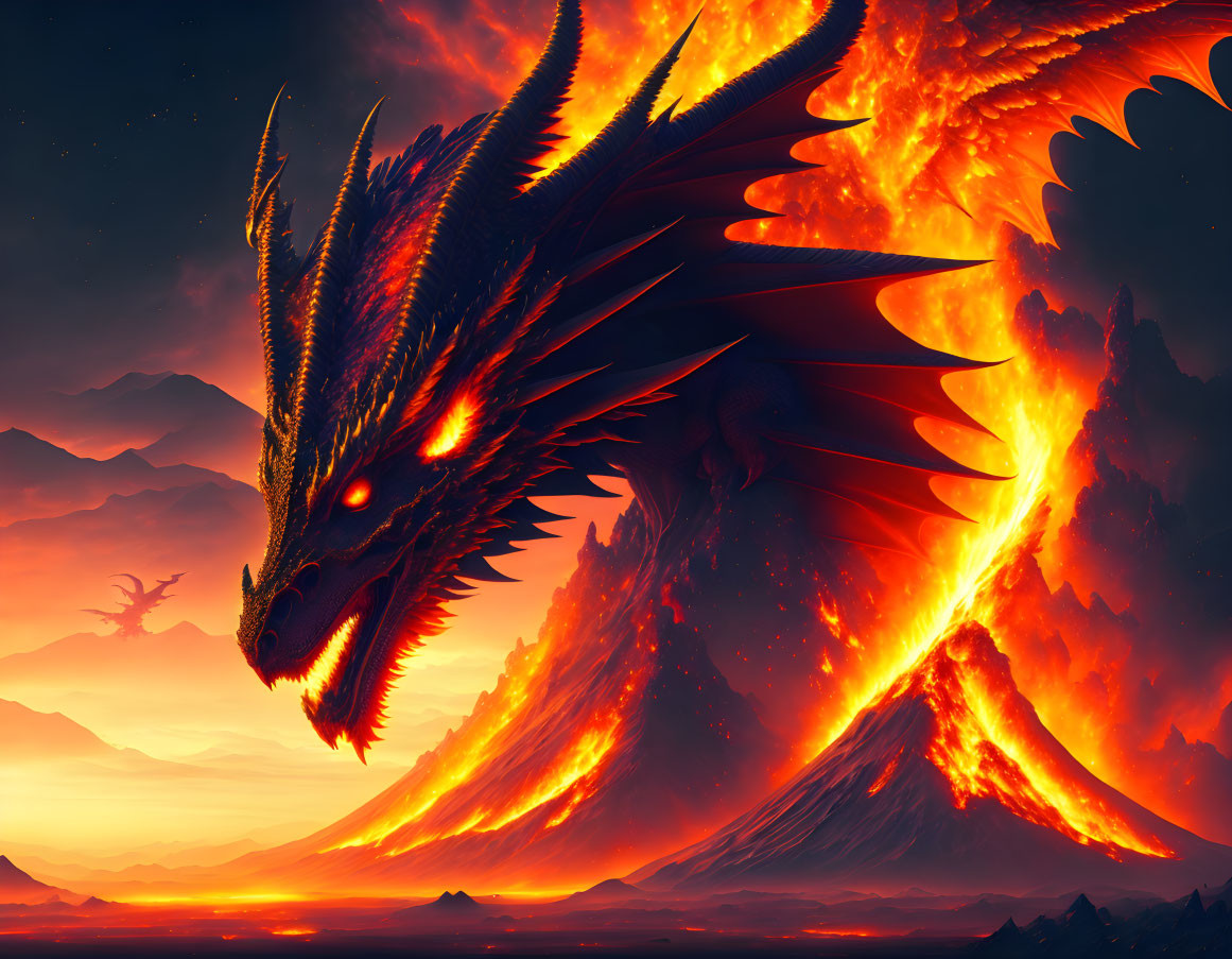 Majestic dragon emerging from flames in volcanic landscape