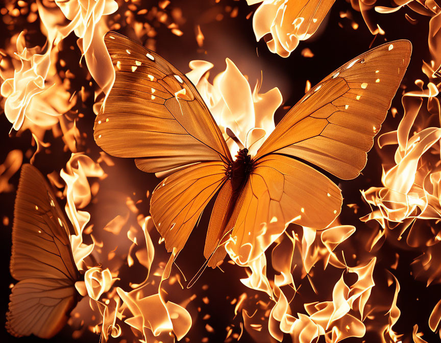 Golden butterfly surrounded by flame-like patterns in fiery blaze