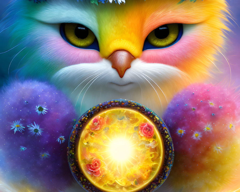 Colorful Digital Artwork: Cat with Floral Crown and Magical Orb in Cosmic Setting