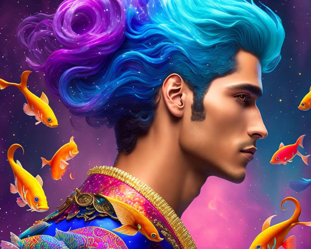 Man with Blue Hair and Gold Fish in Surreal Cosmic Setting