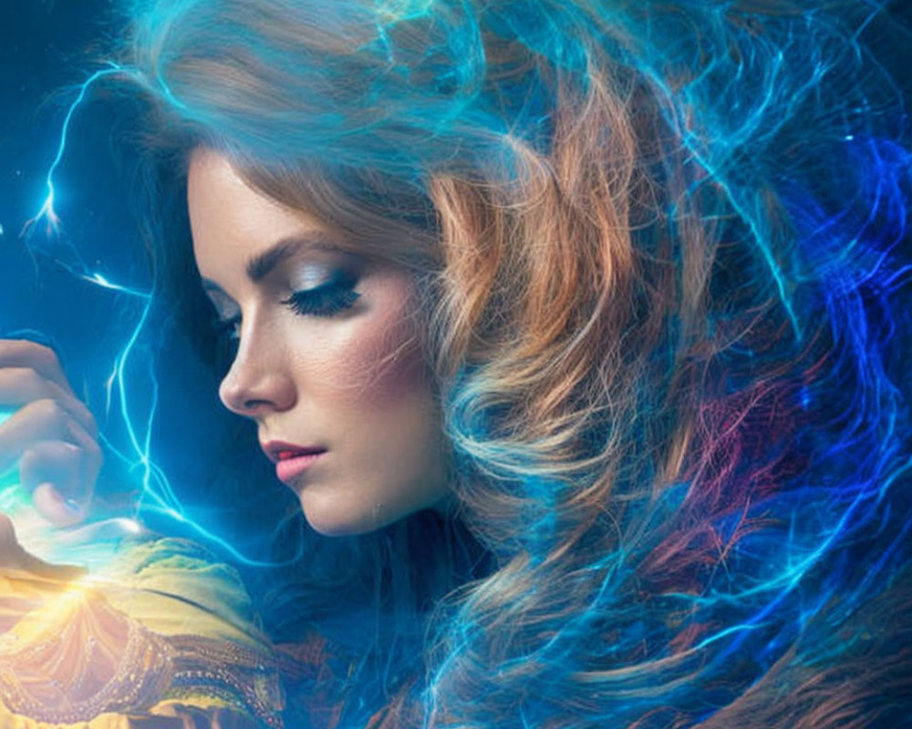 Woman with flowing hair in vivid blue and orange light: Electric fantasy portrayal
