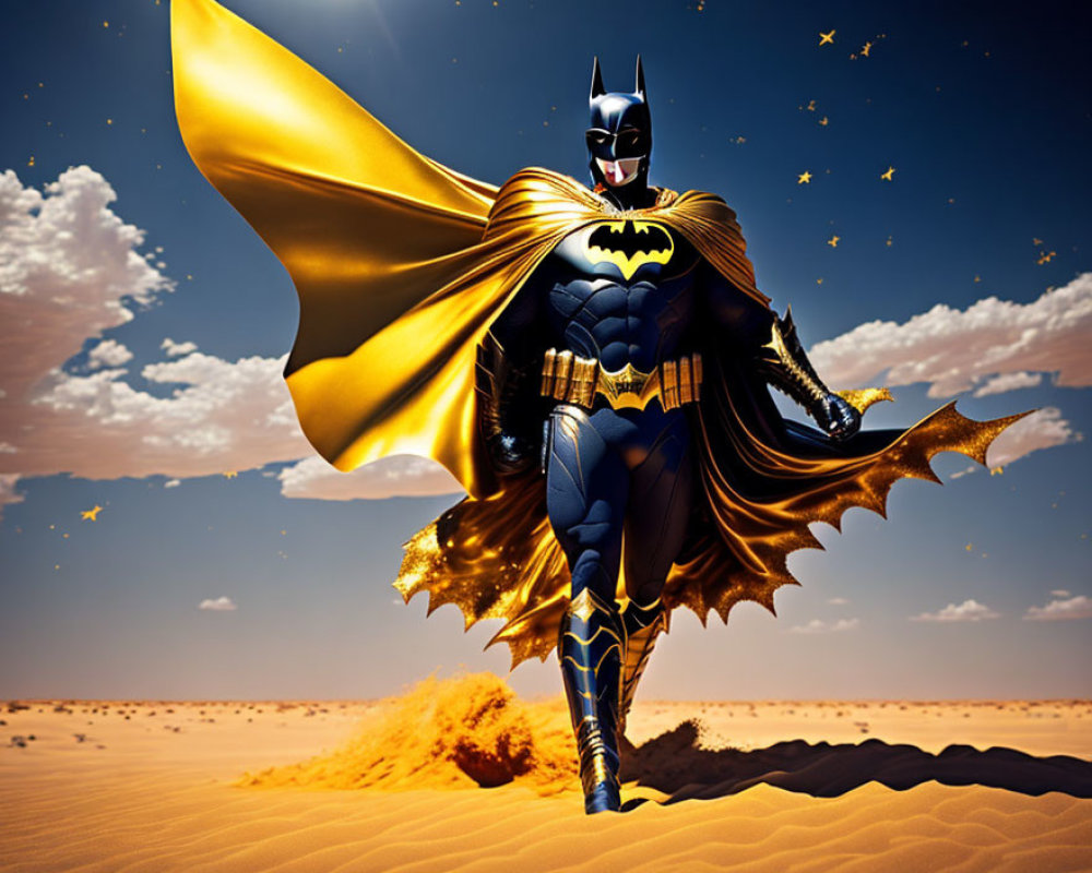 Batman costume figure stands heroically in desert landscape