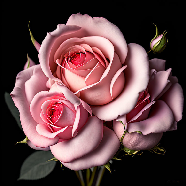 Three Pink Roses in Full Bloom with Closed Bud on Dark Background