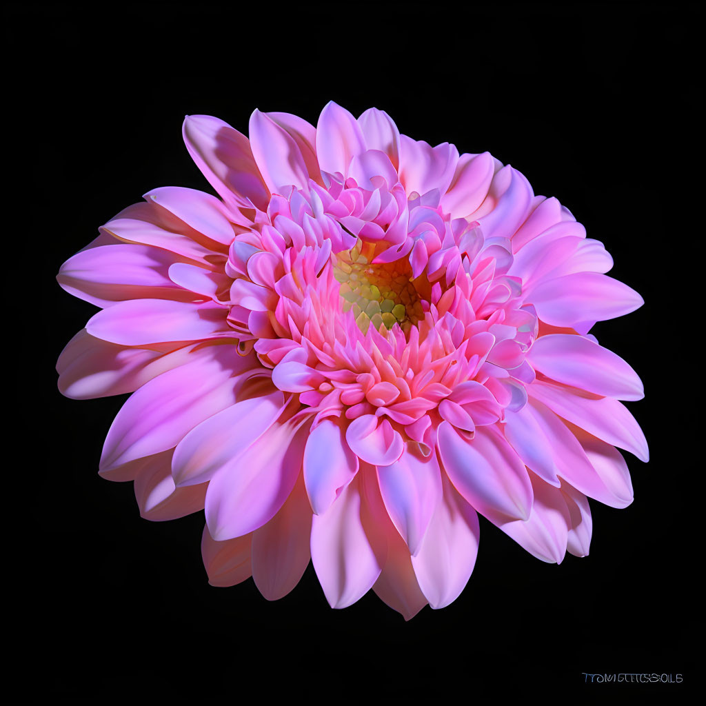 Vibrant pink dahlia with intricate petals on black background