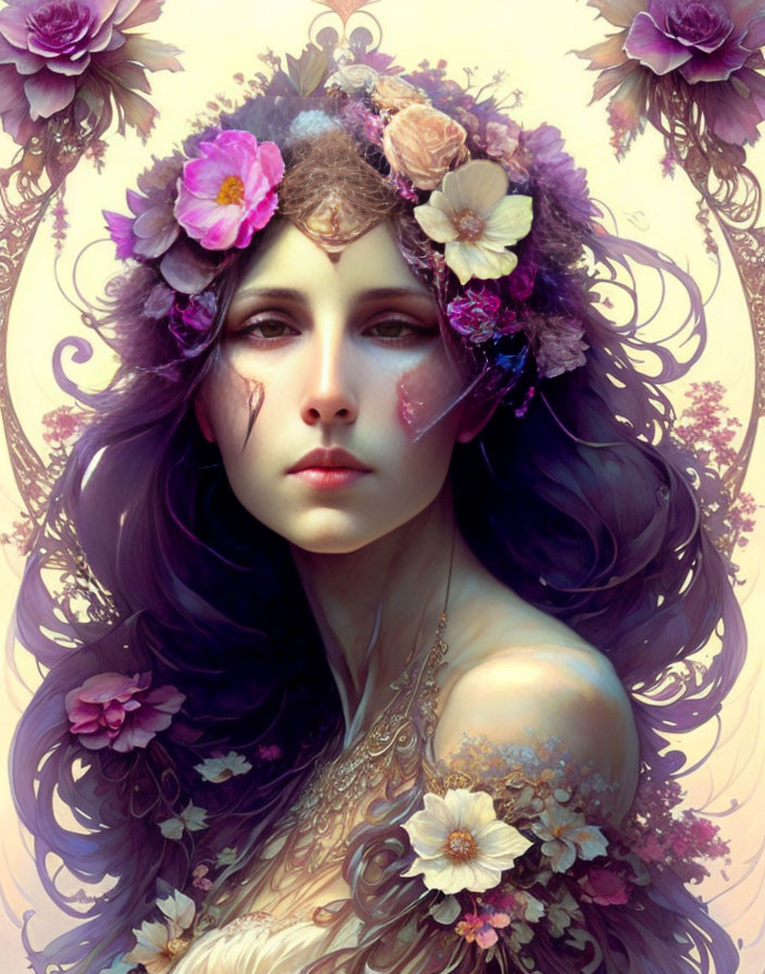 Ethereal woman with floral crown and flowing hair, adorned with blossoms and delicate tattoos