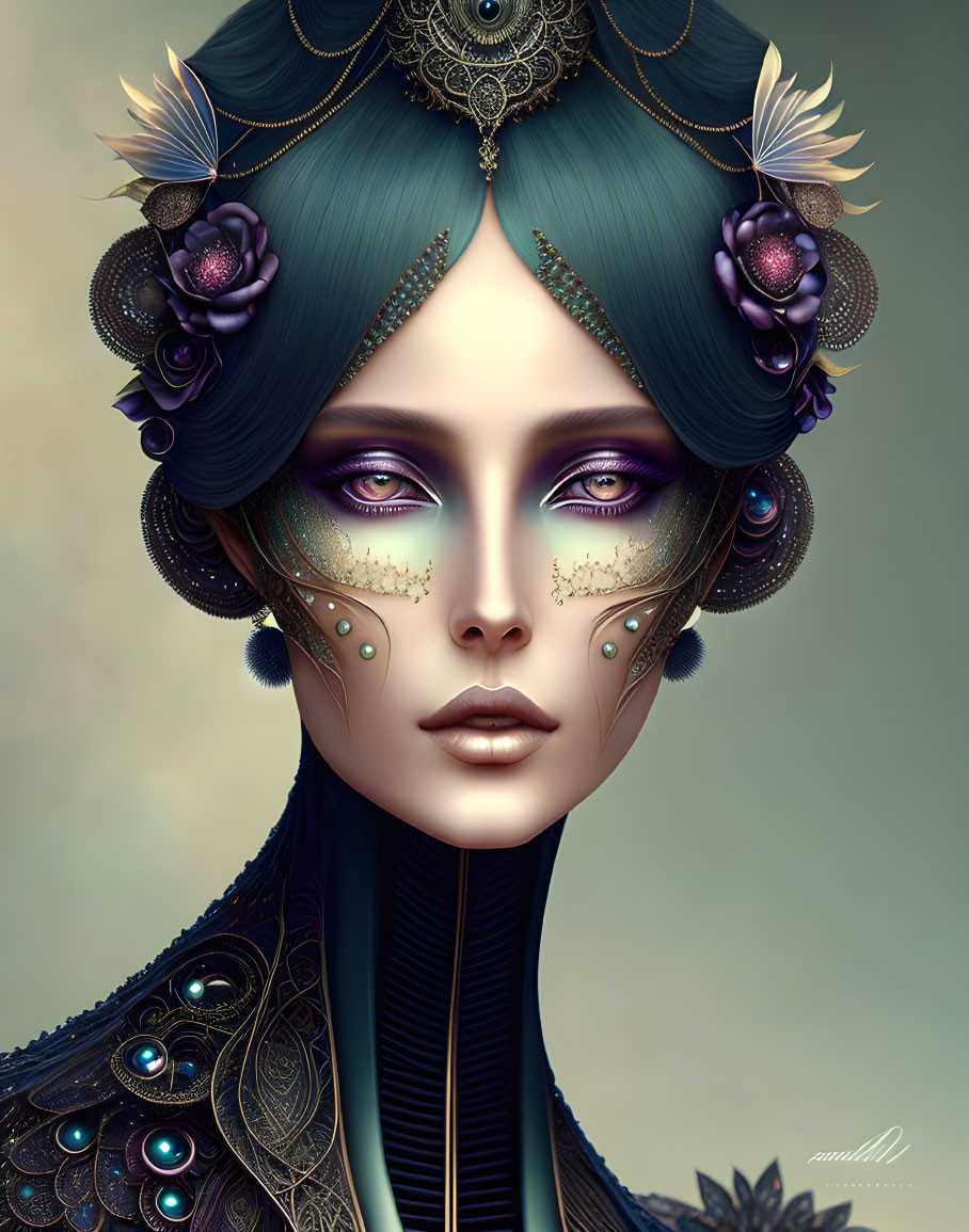 Illustrated portrait of woman with teal hair, violet eyes, peacock feather headdress, gold jewelry