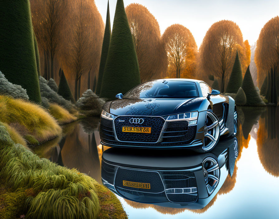 Sleek Audi sports car by tranquil water with symmetrical trees at golden hour