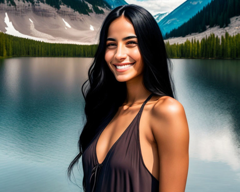 Smiling woman with long dark hair by serene lake and mountains