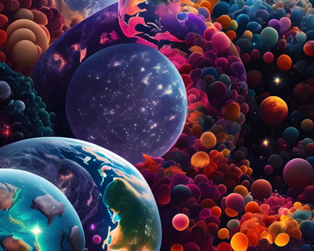 Colorful Vertical Cosmic Artwork Featuring Planets, Moons, and Celestial Bodies