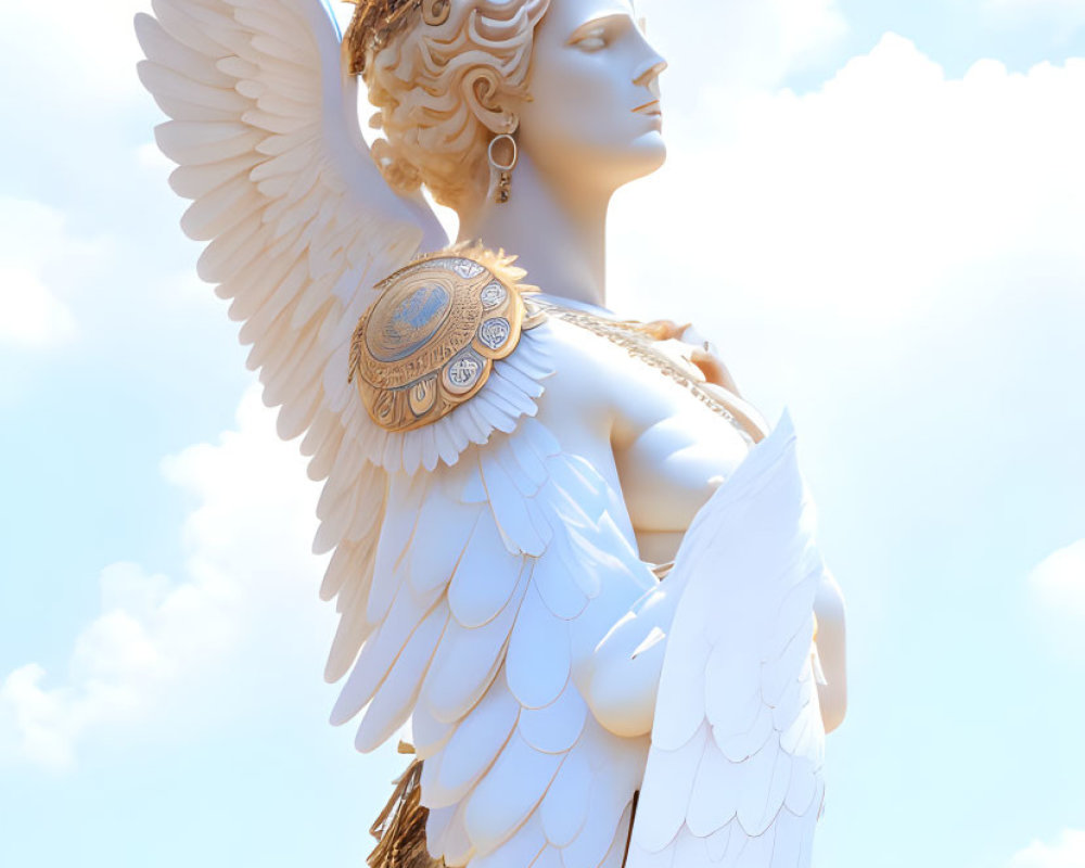 Regal white and gold statue with wings and crown against blue sky