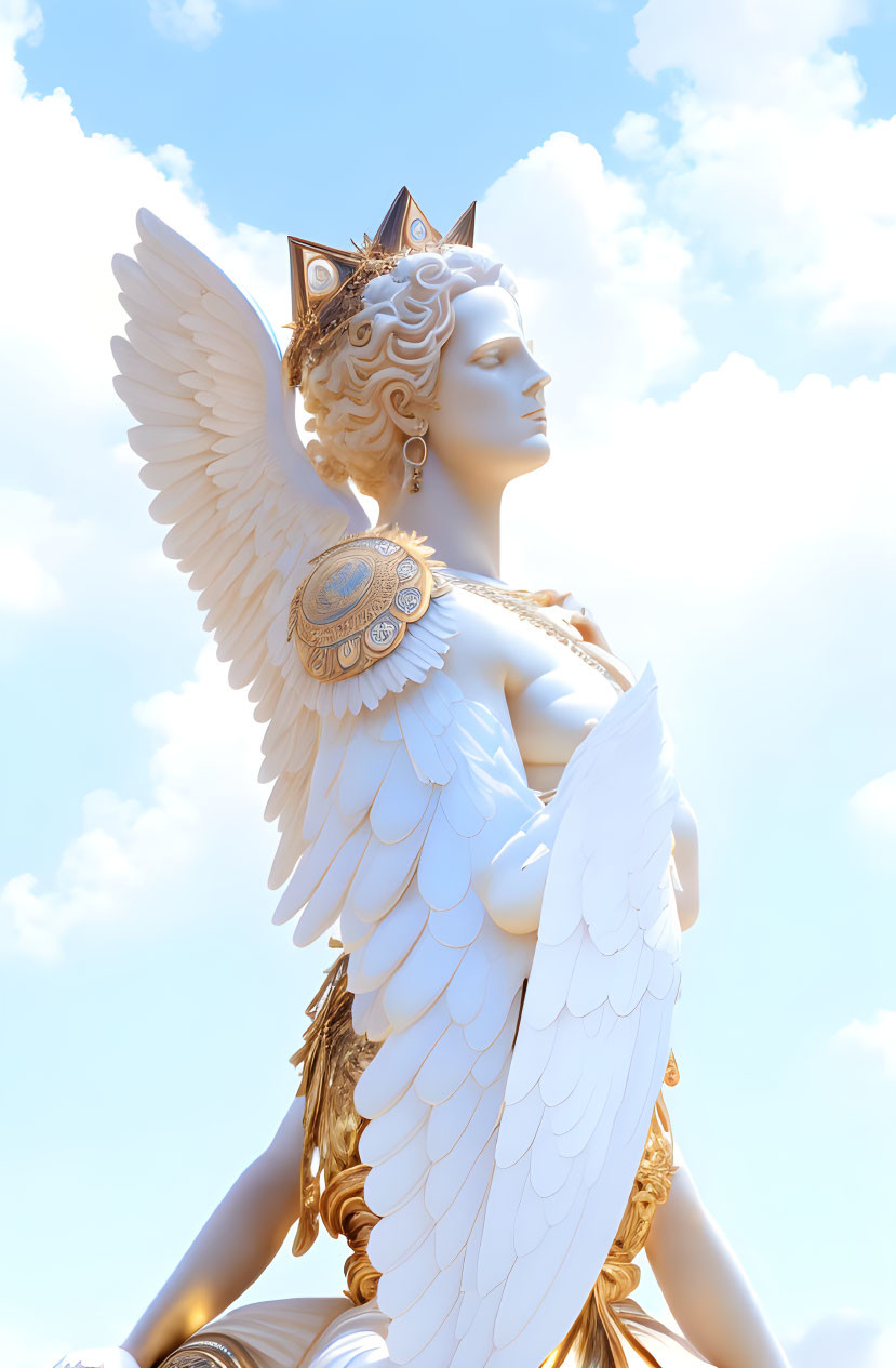 Regal white and gold statue with wings and crown against blue sky