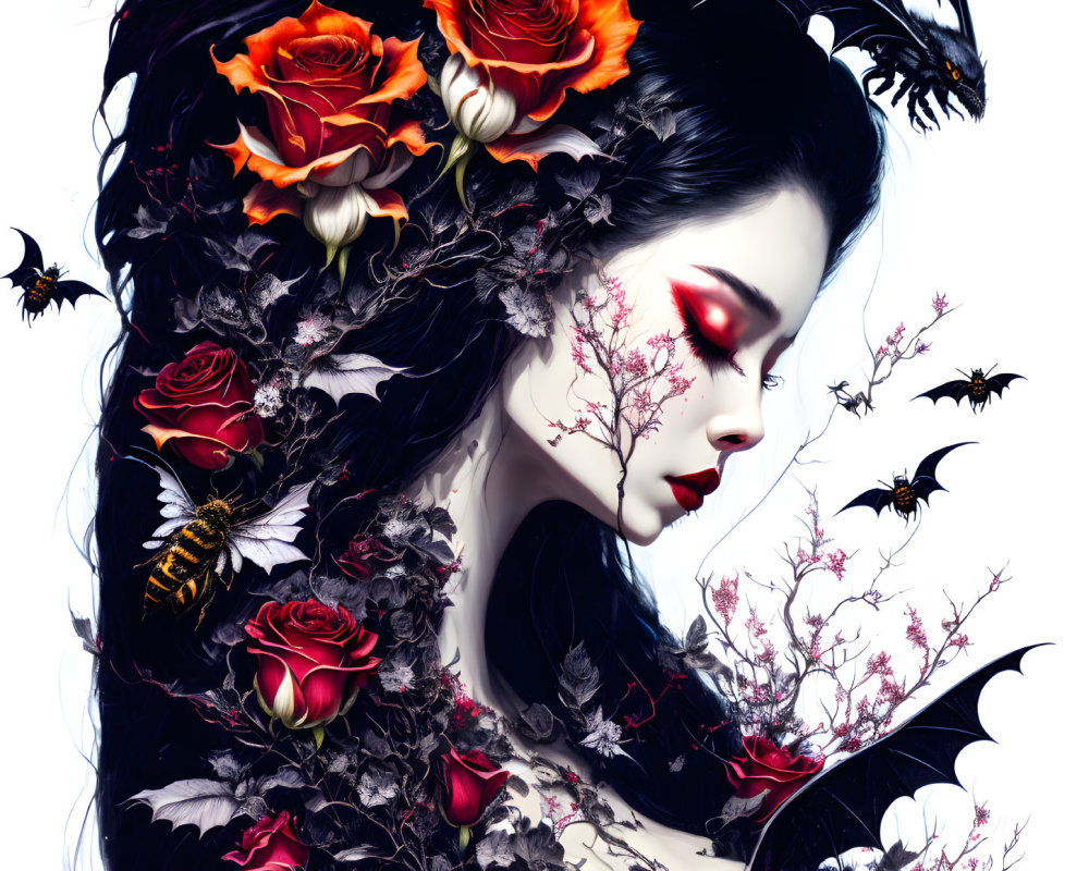 Woman with Black Hair and Orange Roses, Gothic Illustration with Bats and Bee