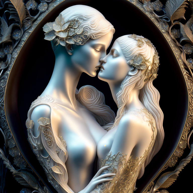 Digital artwork: Two female figures with porcelain skin and golden details embracing in a romantic pose