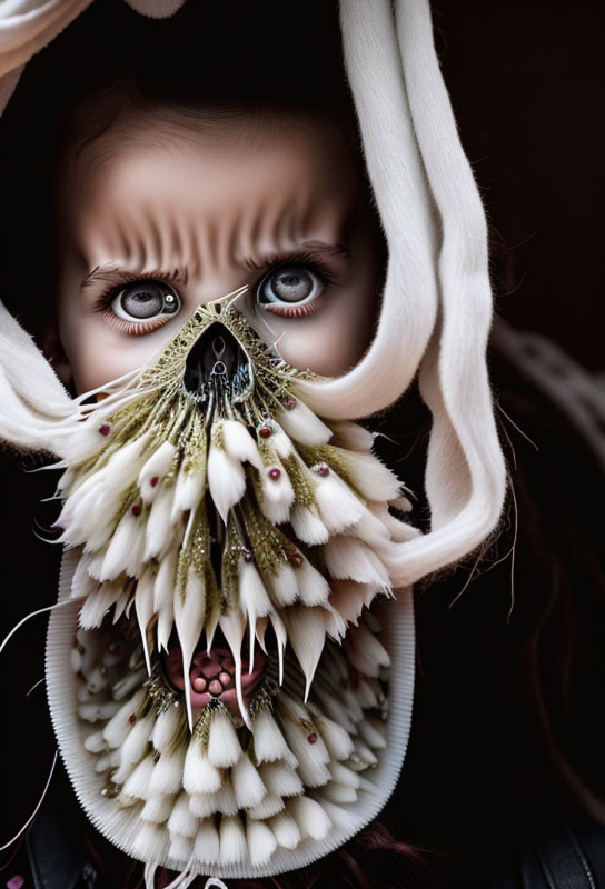 Surreal portrait of child with inverted face and distorted mouth surrounded by white sea creature textures