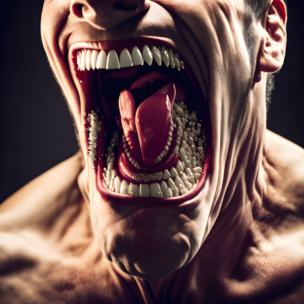 Surreal image: Exaggerated wide-open mouth with concentric teeth and tongues