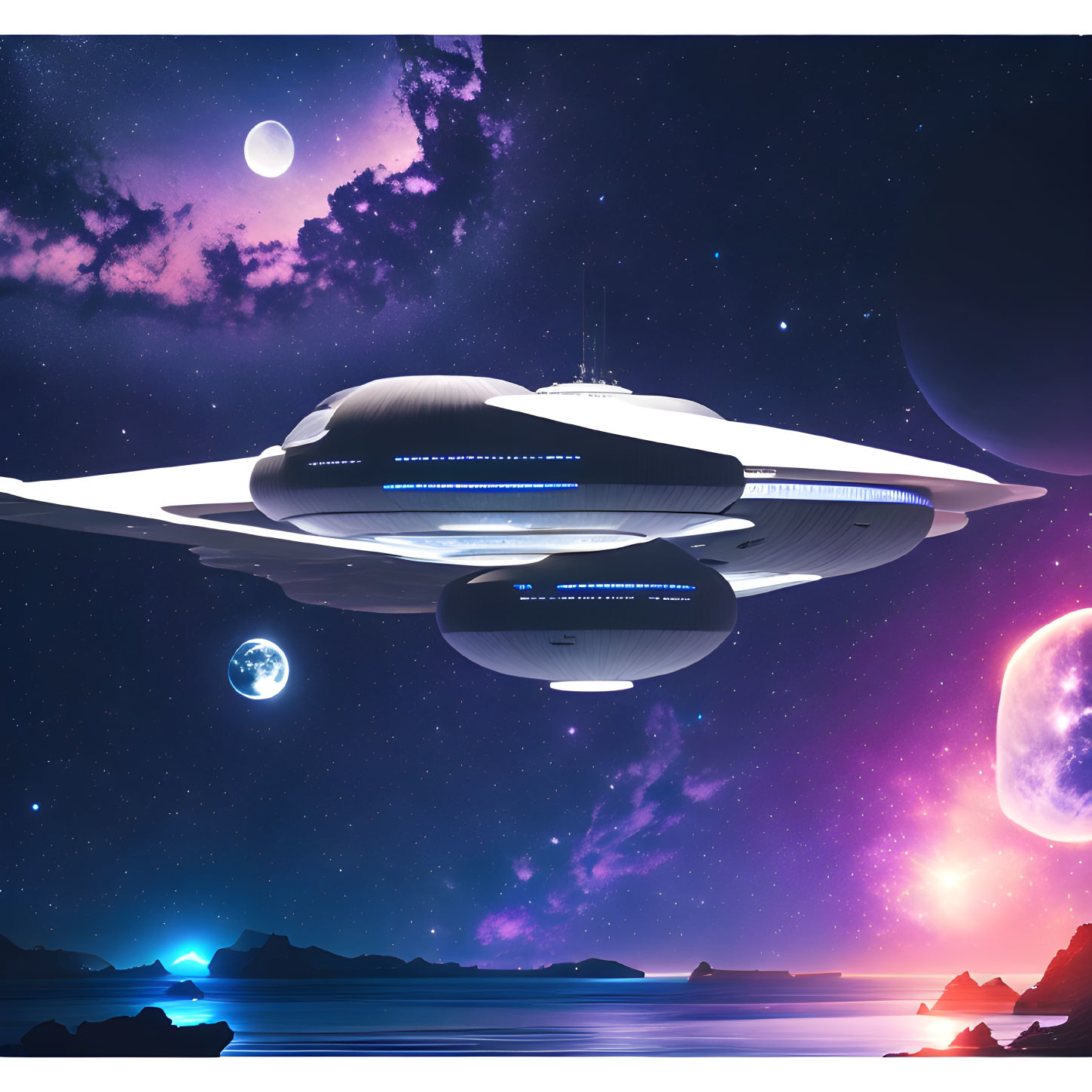 Futuristic spaceship above serene landscape with multiple moons