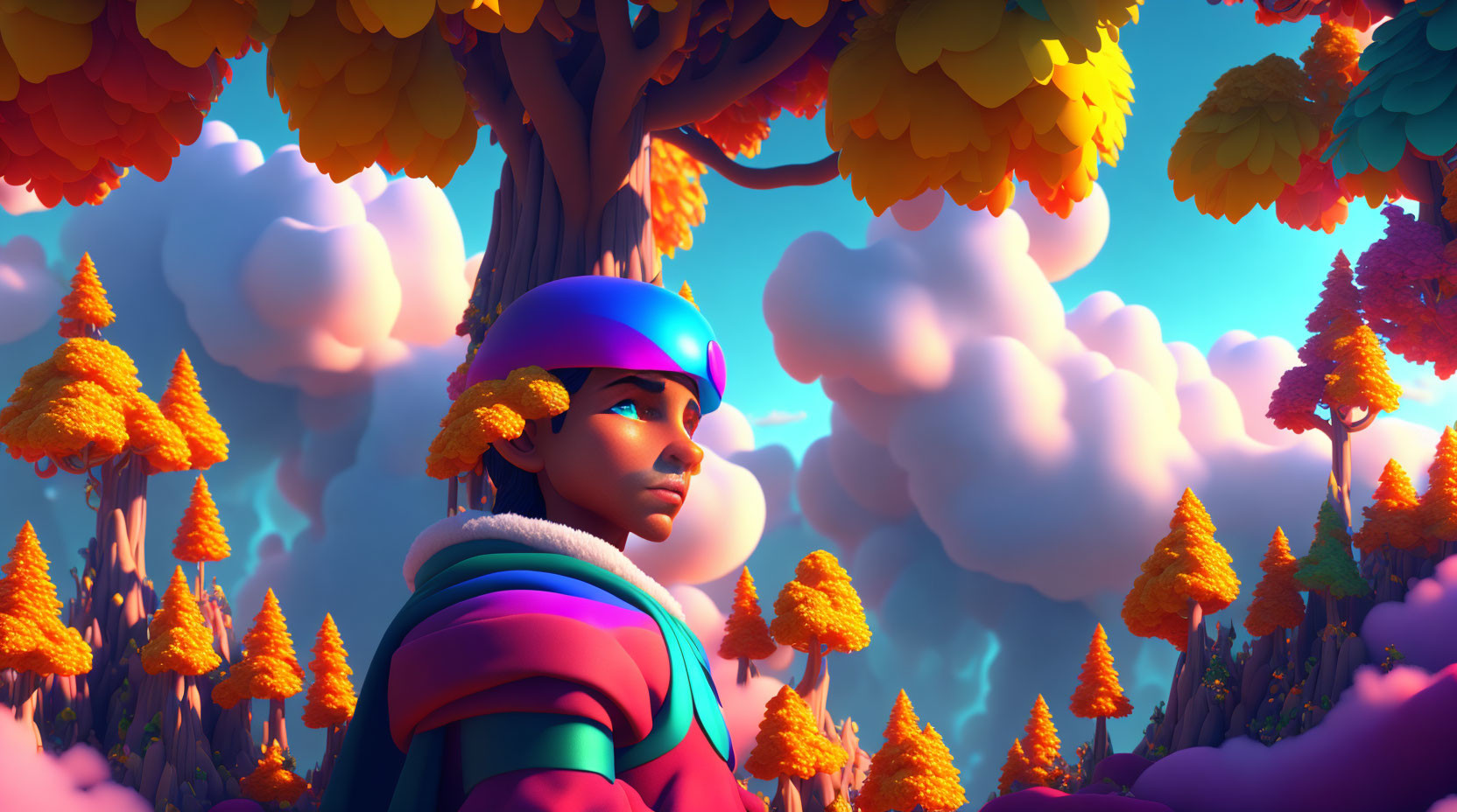 Person in helmet and outdoor gear among vibrant, stylized trees with orange and yellow foliage under surreal sky