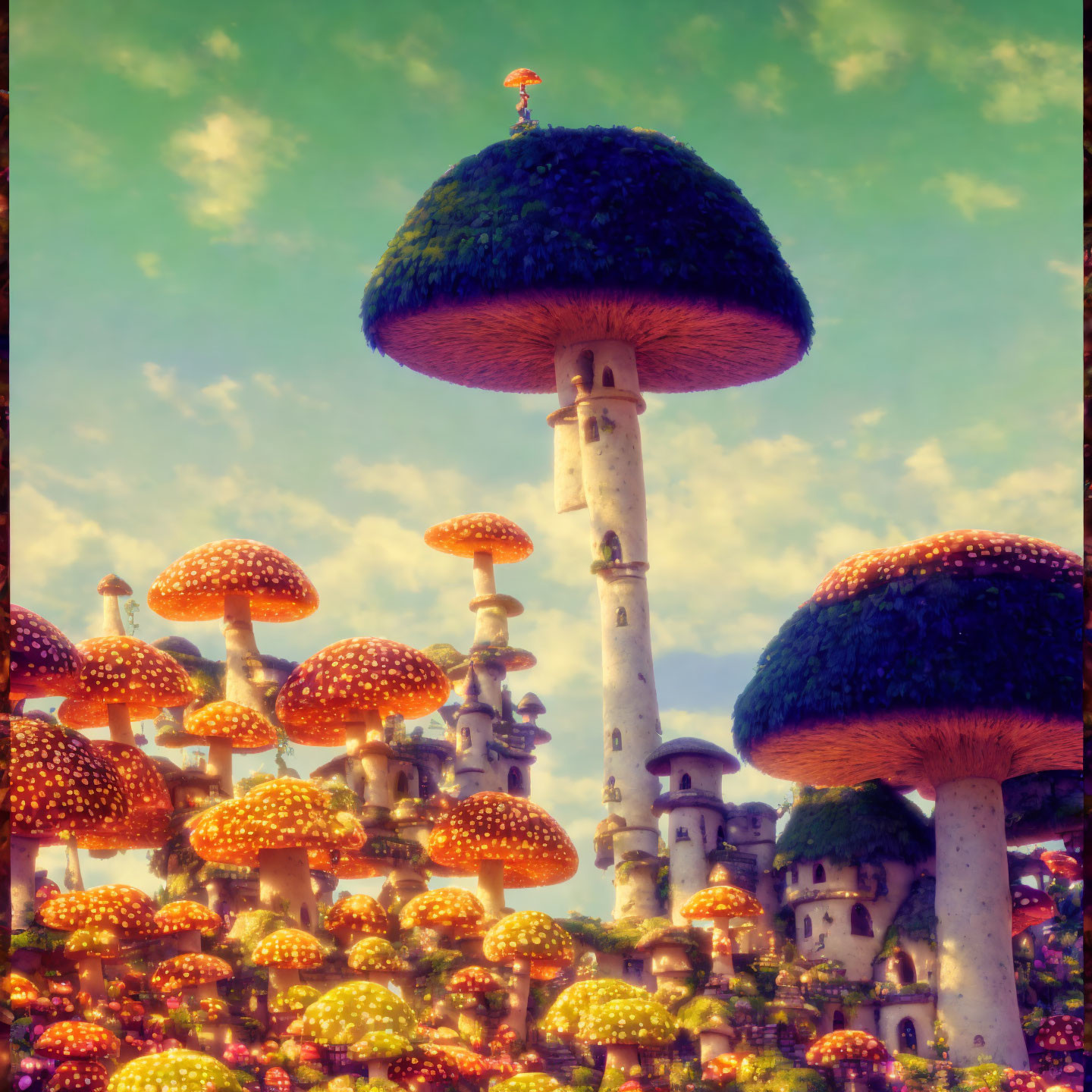 Whimsical landscape with towering mushroom structures under dreamy sky