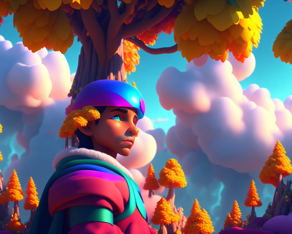 Person in helmet and outdoor gear among vibrant, stylized trees with orange and yellow foliage under surreal sky