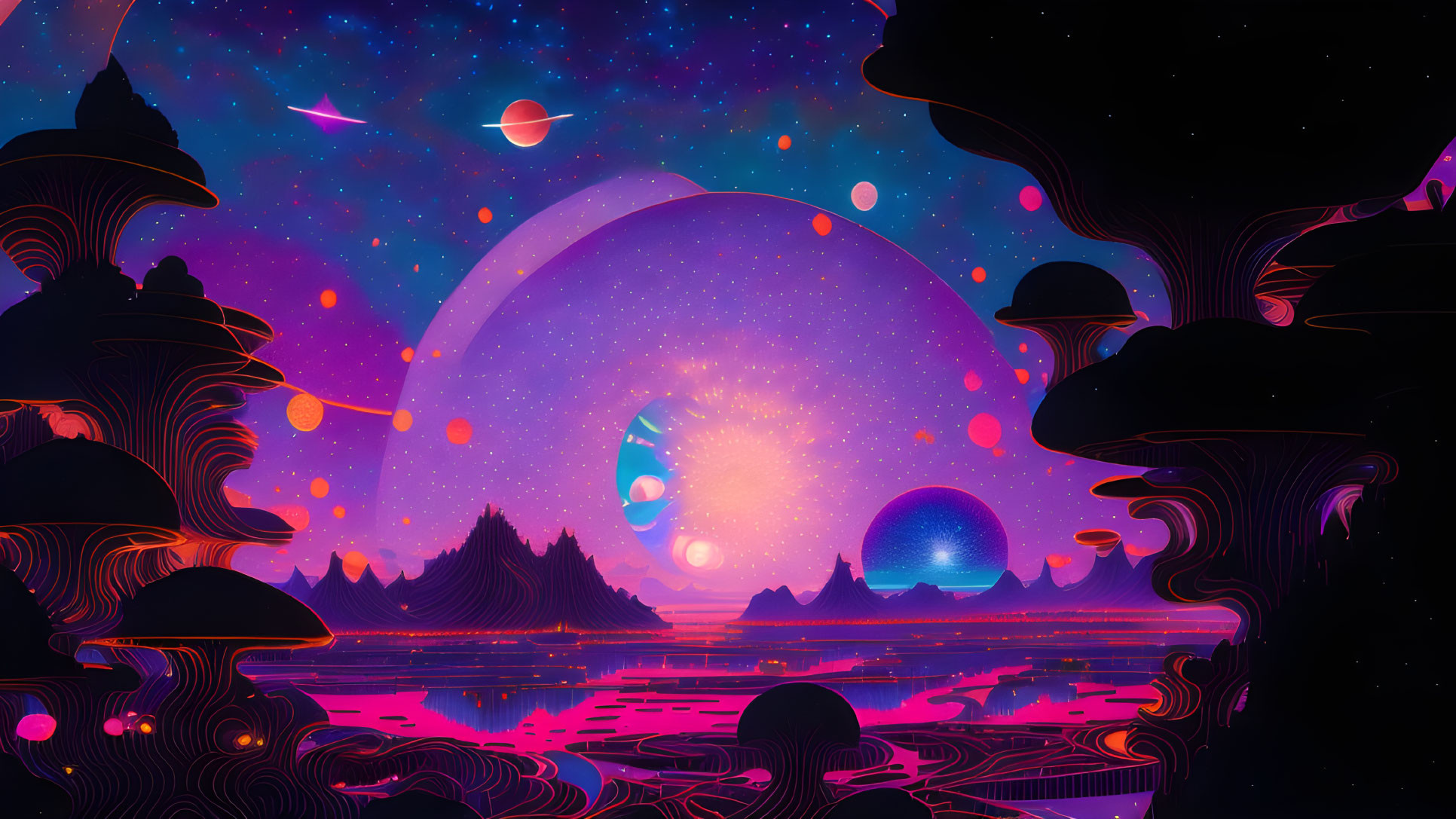 Colorful cosmic landscape with silhouette trees and planets.