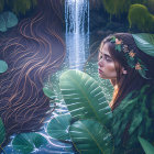 Woman with flowing hair and headpiece in lush greenery near waterfall