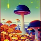 Whimsical landscape with towering mushroom structures under dreamy sky