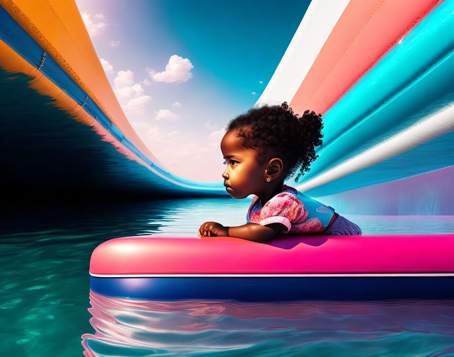 Curly-Haired Toddler on Colorful Abstract Surface by Reflective Water