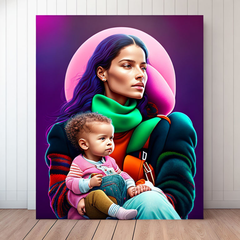 Colorful digital artwork featuring woman and child on canvas in room