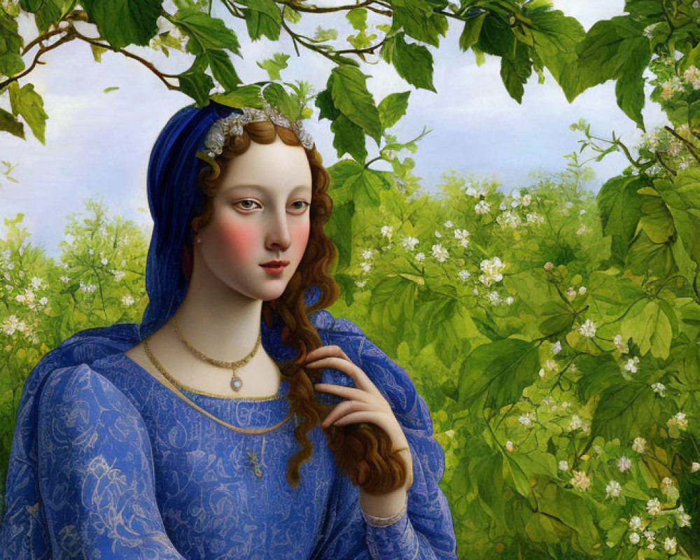Digital artwork of woman in blue dress with blue hair, adorned with golden crown, set in lush foliage