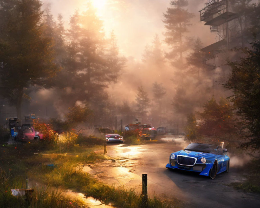 Blue luxury car races through misty forest road at sunset with other vehicles and tower structure.