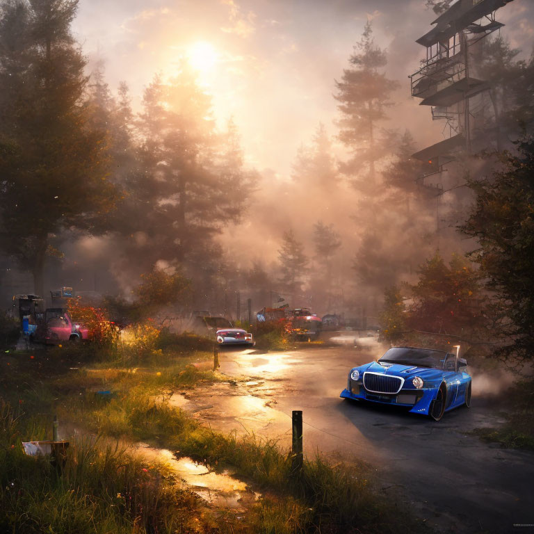 Blue luxury car races through misty forest road at sunset with other vehicles and tower structure.