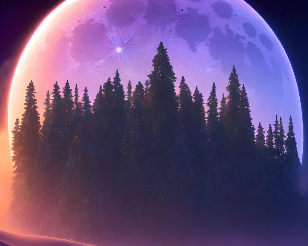 Forest Silhouette with Purple Moon and Starry Sky Scene