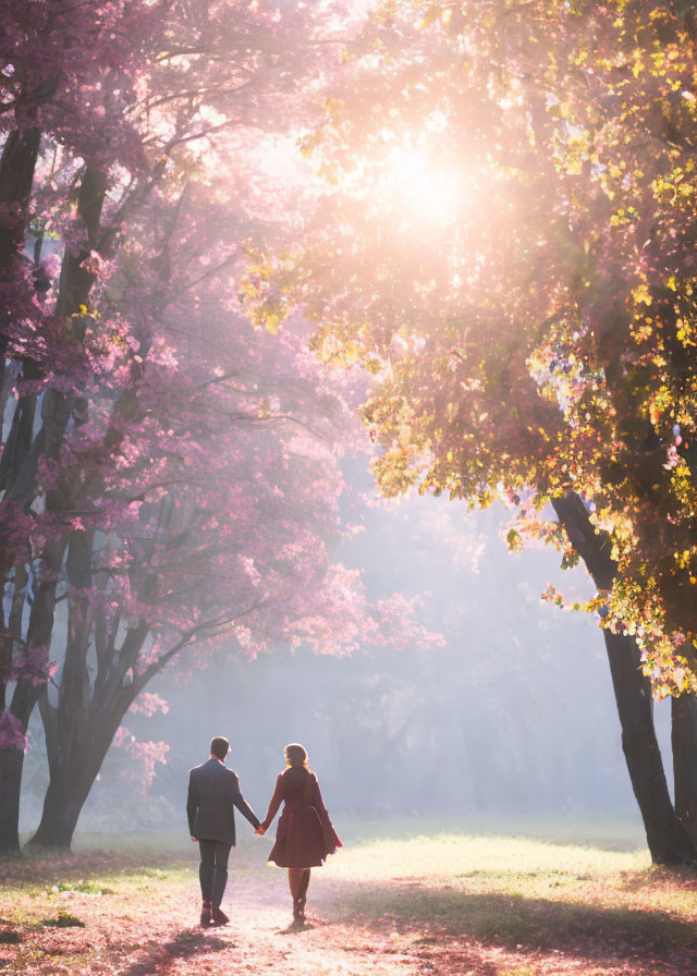 Couple walking under cherry blossom trees in sunlight