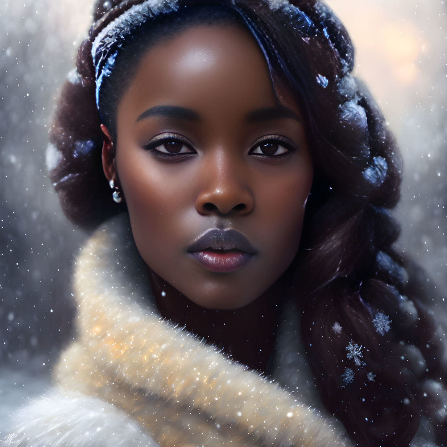 Portrait of woman with dark skin in fur coat and headband, snowflakes in hair