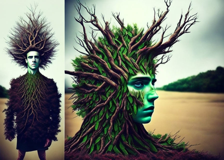 Person with tree-inspired makeup in moody landscape.