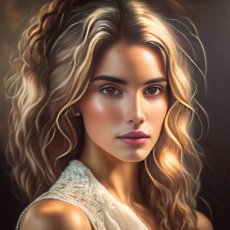 Digital portrait of woman with wavy blonde hair and intense gaze in light, embellished outfit