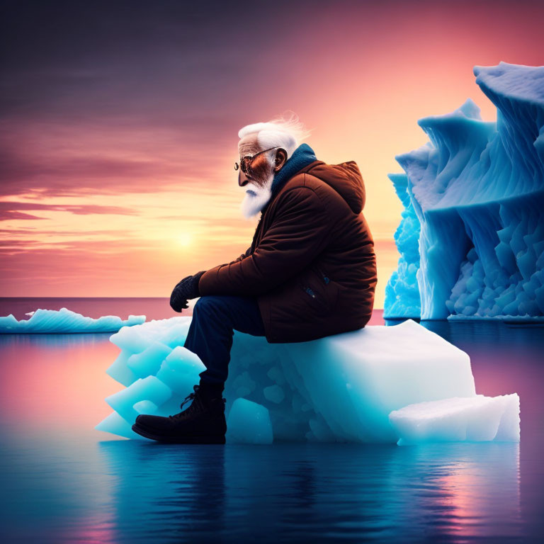 Person sitting on iceberg at sunset with pink and blue hues reflecting on ocean