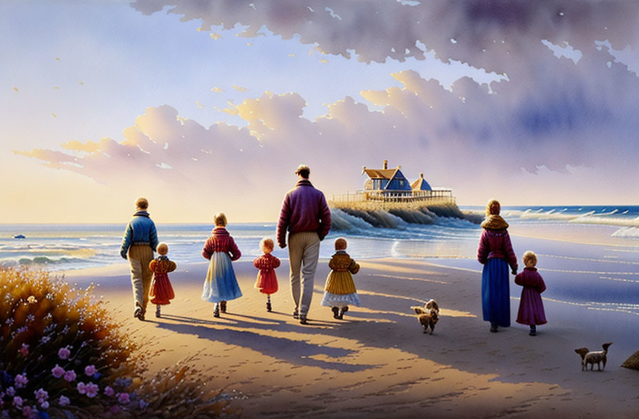 Family Walking on Beach Towards House on Pier with Children and Dog at Sunset