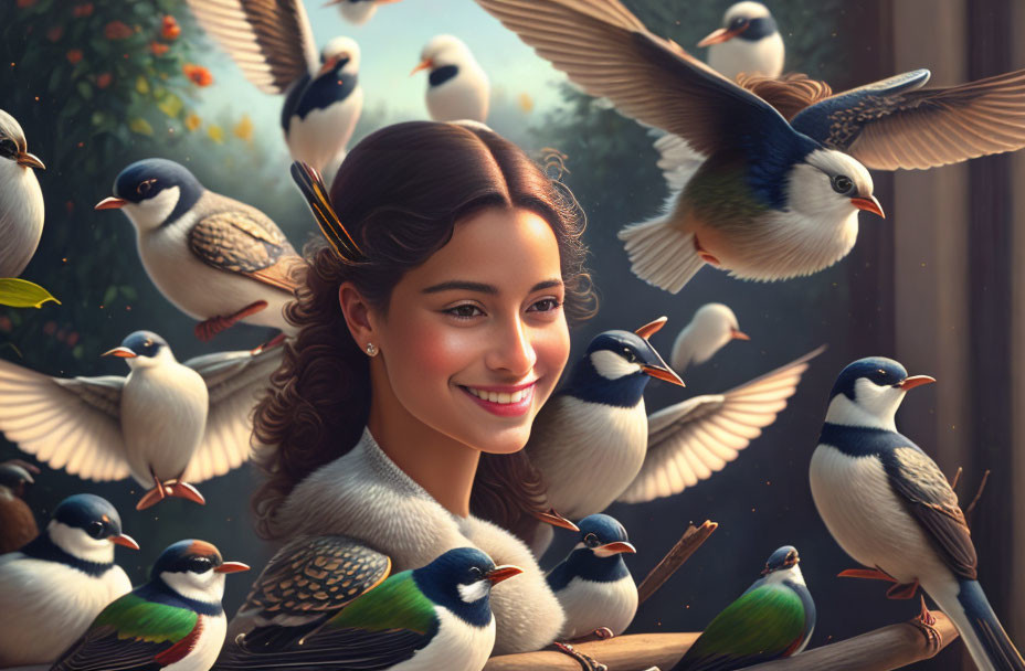 Smiling woman with birds in serene, sunlit scene