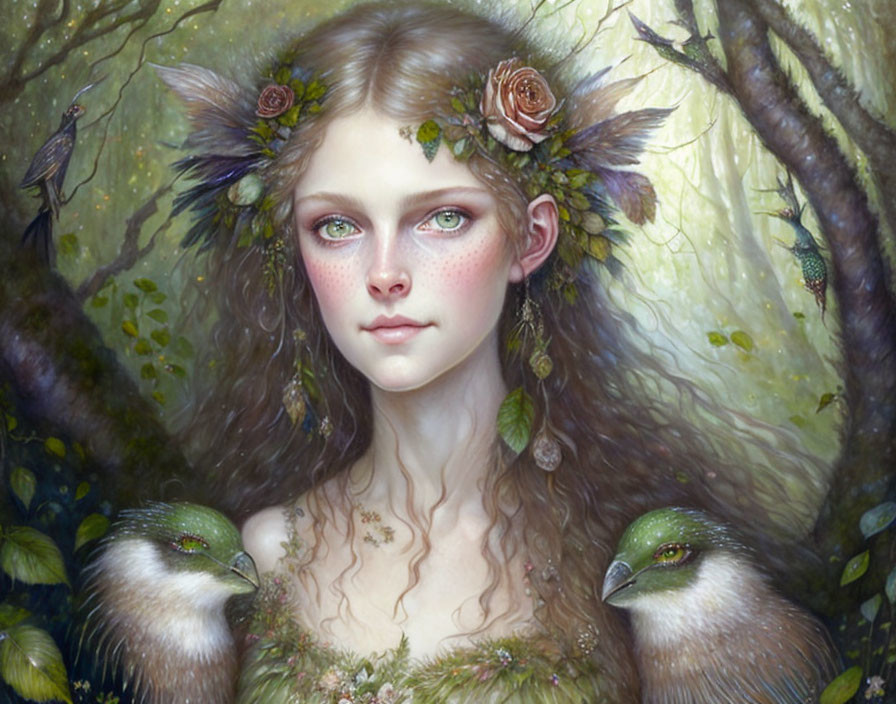 Mystical forest scene with young woman, birds, and lush greenery