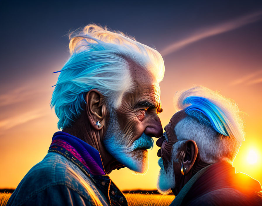 Elderly couple with white and blue hair touching foreheads at sunset