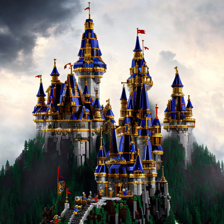 Majestic castle with soaring towers and blue rooftops against dramatic sky and dense forest
