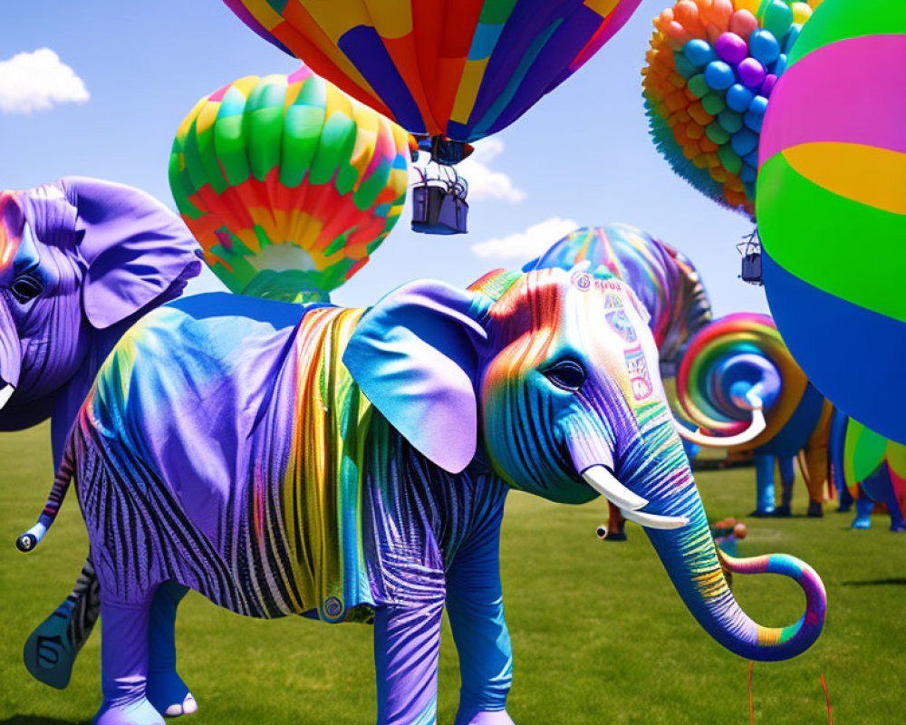 Vibrant elephants and hot air balloons in grassy field display